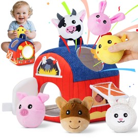 Baby Toys 6-12 Months, Soft Barn with Farm Rattle Squeaker Animals, Montessori Toys for 6 Months Old, Sensory Infant Toy, Farm Animal for Toddlers 1-3 Year, Portable Gifts for Boy Girl