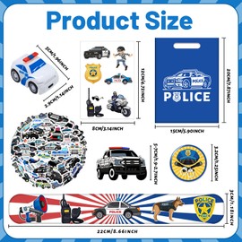 Police Party Favors Kit, Police Party Decorations, 72Pcs Temporary Tattoos, 12Pcs Police Officer Slap Bracelets, 50Pcs Police Stickers,12Pcs Mini Police Toy Cars, 12Pcs button badge, 12Pcs Gift Bags