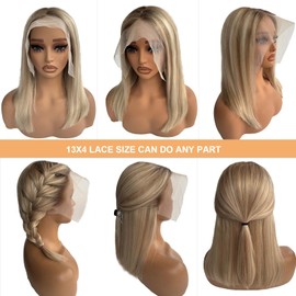 Munx Ash Blonde Bob Wig Human Hair 13x4 HD Frontal Lace Wigs 180% Density Highlight Lace Front Wigs Real Human Hair Ombre Colored Pre Plucked Straight Bob Wigs for Women 16 inch