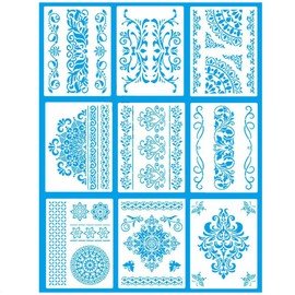 9-Piece Mandala Stencils Set, Stencils Tiles Stencils, Flower Border Stencils for Crafts, Reusable, Stencils for Painting on Wall, Wood, Floor, Furniture, Home Decoration (21 x 28 cm)