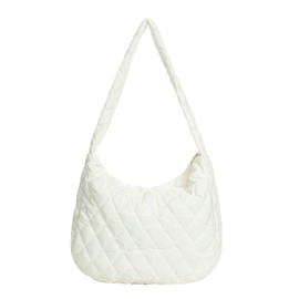 Women Large Puffy Tote Bag Quilted Down Cotton Padding Shoulder Bag Winter Warm Lightweight Handbag with Zip(White)