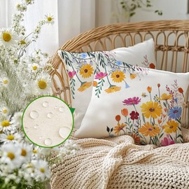 RABUSOFA Spring Summer Pillow Covers Waterproof 18x18 Inch Yellow Outdoor Decor Decorative Pillows for Couch Yellow Flower Daisy Floral Farmhouse Pillowcase for Patio Balcony Sofa Set of 2