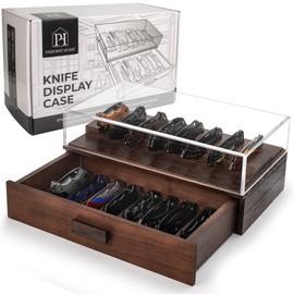 Pocket Knife Display Case for 16 Knives - Wooden Knife Collection Case Clear Cover - Two-Tier Knife Cases for Collections with a Removable Drawer Insert for Other EDC Items, EDC Case - Brown