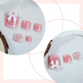 Pink Press on Toenails Short Square French Tip Fake Toe Nails Cute Bow Stick on Toenails Reusable False Nails with 3D Pearl Designs Full Cover Glue on Toenails for Women Girls 24 Pcs
