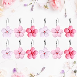 Whaline 12Pcs Pink Flower Shower Curtain Hooks Decorative Floral Shower Curtain Rings Cherry Blossoms Resin Curtain Hanger Hooks for Spring Living Room Bedroom Bathroom Decor