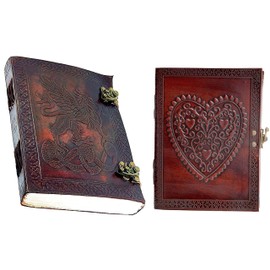 Combo of Leather Journal Dragon lined And Celtic Heart Lined Paper Dragon Dungeons Dragonette Lined Diary Sketchook Notebook with Lock for Men Women Dnd Travel Bullet Handmade Vintage Old Antique