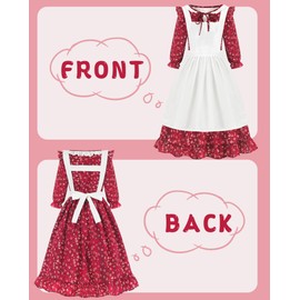 Aoiviss Pioneer Girls Dress Floral Colonial Prairie Costumes for Little Kids with Apron and Bonnet, Dark Red