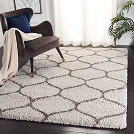 Safavieh Hudson Shag Collection SGH280A Moroccan Ogee Trellis 2-inch Thick Area Rug, 7' x 7' Square, Ivory / Grey