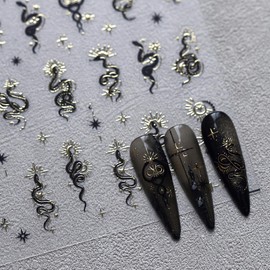 Jremg Snake Nail Art Stickers Gold Star Black Snake Nail Decals 3D Self-Adhesive Laser Sun Starlight Nail Design Y2K Shiny Horror Snake Nail Supplies Snake Print Nails Foils for Women Nails Manicure