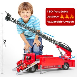 Toy Fire Truck Rescue Firetruck - Transformer Ejector Truck Car Race Track Home Outdoor Shool Toddler Kids Ages 2 3 4 5 6 7 8 Year Old Boys Girls Children Christmas Birthday Gift Ladder Real Water Jet