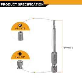 HARFINGTON 5pcs TT9 Security Torx Head Screwdriver Bit 3" (75mm) Long 1/4" Hex Shank Magnetic Tamper Proof 6 Point Star Screw Driver Drill Bits S2 Steel Hole Tip Industrial Power Tools