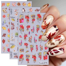 3 Sheets Embossed Maple Leaf Nail Stickers Autumn Fruit Nail Art Stickers 5D Self-Adhesive Maple Leaves Nail Decals Fall Nail Designs Stickers Thanksgiving Nail Supplies for Women Girls DIY Nail Decor