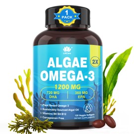 Fish Oil Alternative 1200mg Omega 3 Supplement, Omega 3 Fish Oil Softgels w/EPA DHA, Plant Based Sustainably Sourced, Vegan Algae Science 2:1 Ratio, for Brain Eye, No Fish Taste, 120Cts