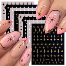 8 Sheets Star Nail Stickers for Nail Art Black White Gold Silver Stars Nail Art Stickers 3D Self-Adhesive Celestial Nail Decoration Holiday Nail Decals for Women DIY Manicure Nails Decoration