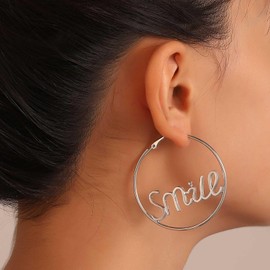 Wendalern Large Silver Hoop Earrings Asymmetrical Word Hoop Earrings Personality Princess Smile Letter Hoop Earrings Vintage Thin Hoop Latch Back Earrings Jewelry for Women Girls