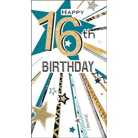 Jonny Javelin Boys 16th Birthday Card - Age 16 - Star Burst Embossed with Foil and Flitter Details