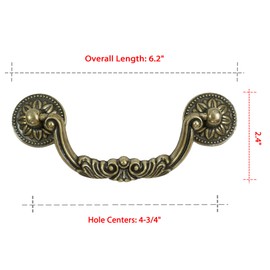 HOUSEHOOK 6 Pack Antique Brass Drawer Pulls, Decorative Vintage Cabinet Handles with 4-3/4 Inch Hole Centers, Metal Hardware for Kitchen Cupboards Dressers Bathroom Cabinets