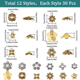 SUNNYCLUE 1 Box 360Pcs 12 Styles Spacer Beads Bulk Flower Bead Caps Findings Tibetan Silver Alloy Antique Gold Metal Filigree Flowers End Caps for jewellery Making Supplies DIY Bracelet Necklace
