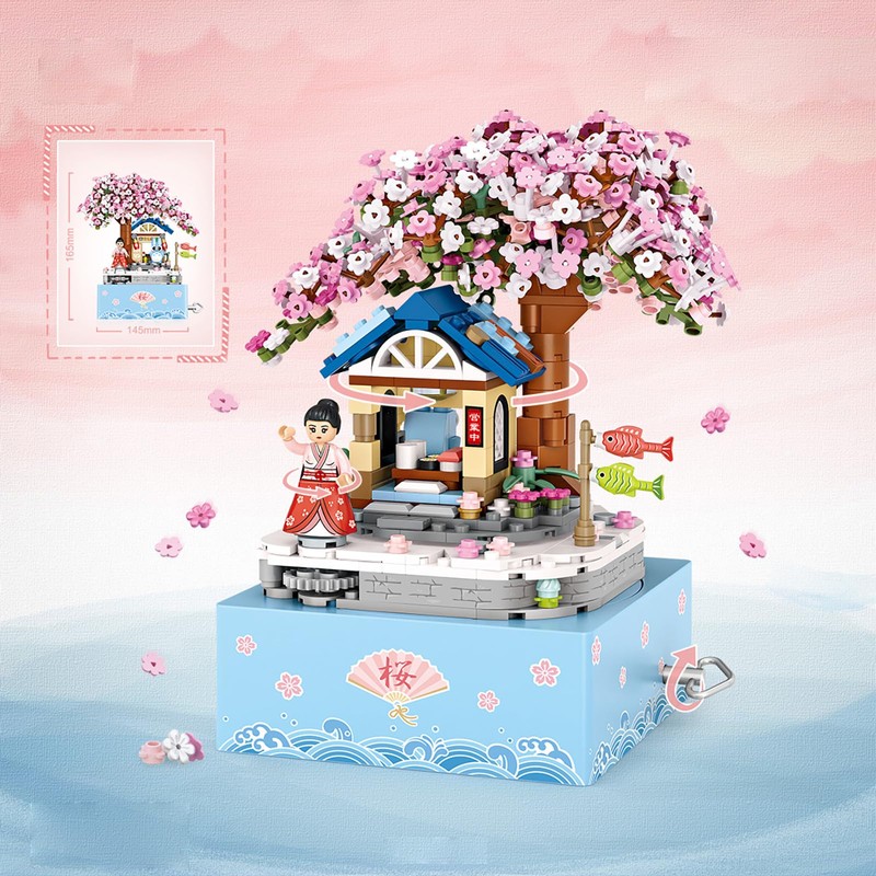 Mini Brick Sakura Music Box with Rotating Display, Sakura Music