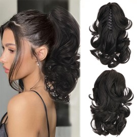 Cybelleza Ponytail Extensions, Braid Ponytail Hairpiece, Short Wave, Curly Claw Clip-In Hair Extensions, Ponytail Synthetic Hair, Wavy Synthetic Hair Extension, Braid Extension, 14 Inches, Dark Brown