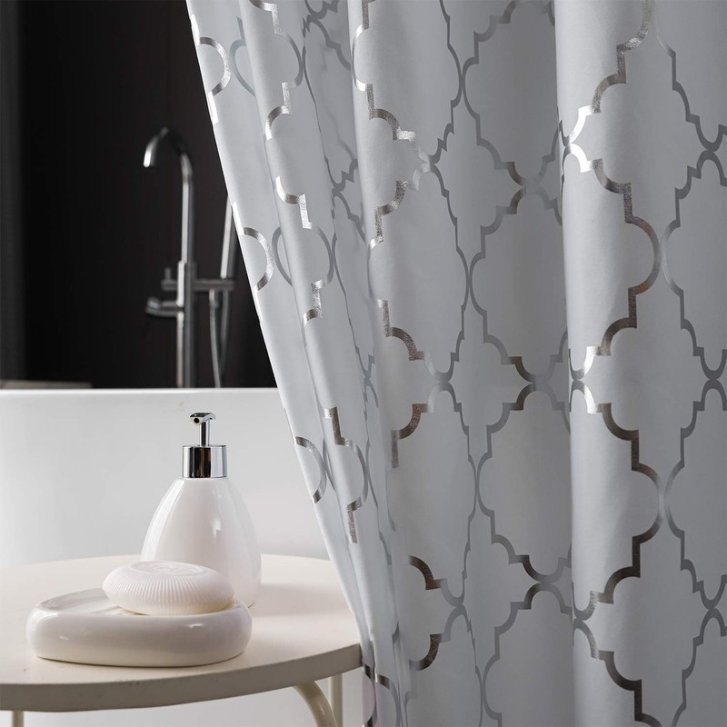 White Shower Curtain with Geometric Silver Foil Moroccan Tile Pattern