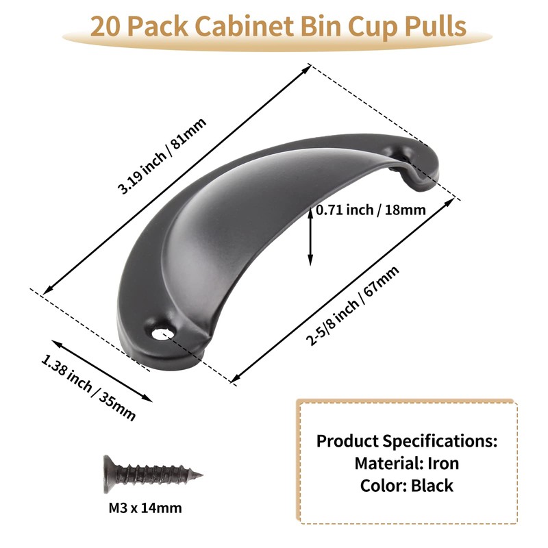 Bivethoi 20 Pack Cabinet Bin Cup Pulls Black Half Moon