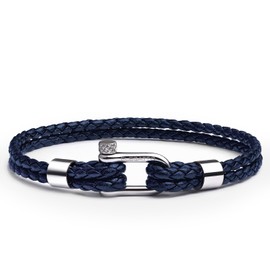 Elegatto Helix Premium Braided Leather Bracelet for Men | Double Braided Leather Strands with Sterling Silver Polished Mini Shackle Closure | Men’s Designer Jewelry Bracelets Navy Blue Extra Small