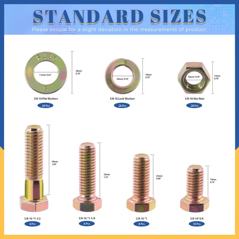 Glarks 112Pcs 3/8"-16 Grade 8 Coarse Thread Hex Bolt, Nut,