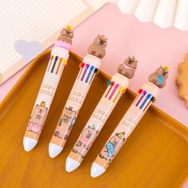 Nurila Capybara Pack of 4 0.7 mm Multicolour Ballpoint Pens, 10 in 1 Special Pens for Children, Retractable, Multicoloured, 10 Colours Multicolour Pen Capybara for Students, Office, Children, Gift