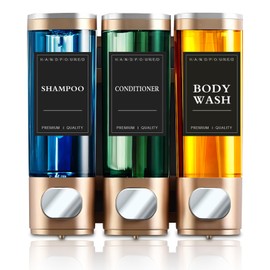 3 in 1 300ml Press Liquid Soap Dispenser 3 Chamber 300ml Large Capacity, Wall Mount Shower Shampoo Conditioner Dispenser for Kitchen Bathroom, ABS, Transparent (Gray)