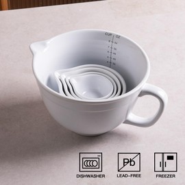 Sweejar Porcelain Mixing Bowl with Scale, Ceramic Serving Container for Kitchen, Nesting Bowl with Handle, Using for Baking, Prepping, Cooking, Set of 1(White)