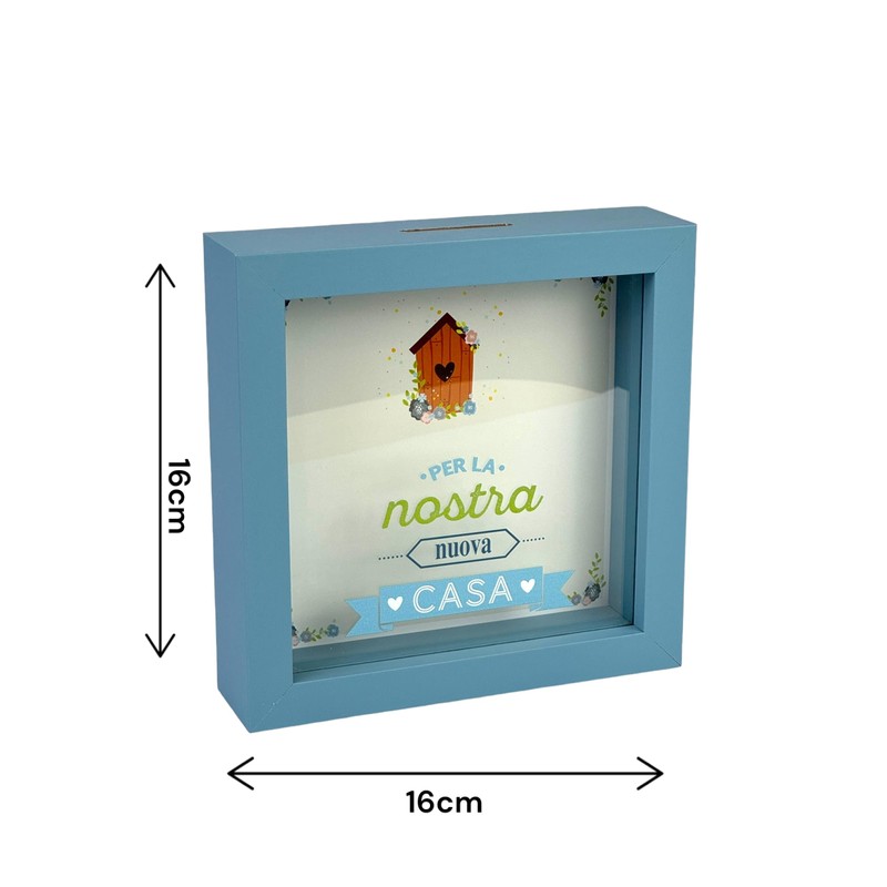 Salvadanaio Decorativo in Legno, Tema Nuova Casa, 16x16 cm, Blu