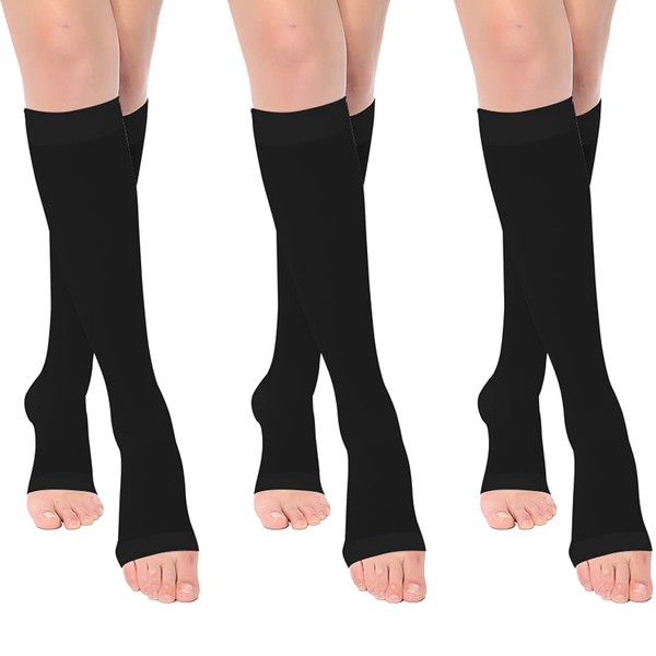 NANOOER 3 Pairs Compression Socks Toeless Elastic Stockings Sleeping Stockings High Socks Below Knee Graduated Compression Sports Fitness Men Women, black (black 19-3911tcx), S-M