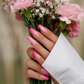 24pcs Long Hot Pink Press On Nails – Ballerina Acrylic Full Cover Marble Style False Nails – Stick On Art for Women & Girls 12 Sizes, Easy to Apply & Durable