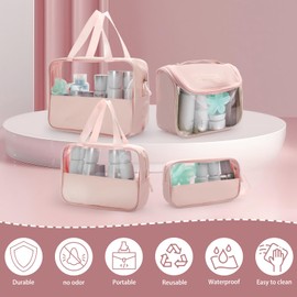Toiletry Bag, Clear Travel Wash Bag for Toiletries, 4 PCS Portable Waterproof PVC+PU Transparent Makeup Bag with Zippers, Handing Travel Bag for Women and Girls (Pink)