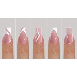 French Tip Press on Nails Maigitur Long Square French Nail Tips White French Tip Pink Bed 150Pcs Gel Nail Tips Swirl Strip Press on Nails in 15 Sizes Reusable Fake Nails for Women Girls Manicure