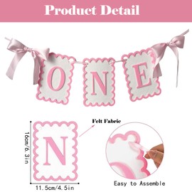 One High Chair Banner Girls - Pink Bow 1st Birthday Banner Baby Girl Fairy First Birthday Party Decorations Non-Toxic Fabric with Double Satin Bows