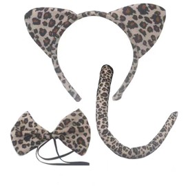 BOBOZHONG Animal Ears Bow Tail Set,Animal Costume Set Fancy dress set print animal ears with a tail and matching bow Carnival Party Decoration Costume Accessory(White leopard costume)