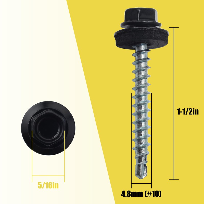 JEGONFRI 250pcs #10 x 1-1/2" Black Hex Head Self-Drilling Metal
