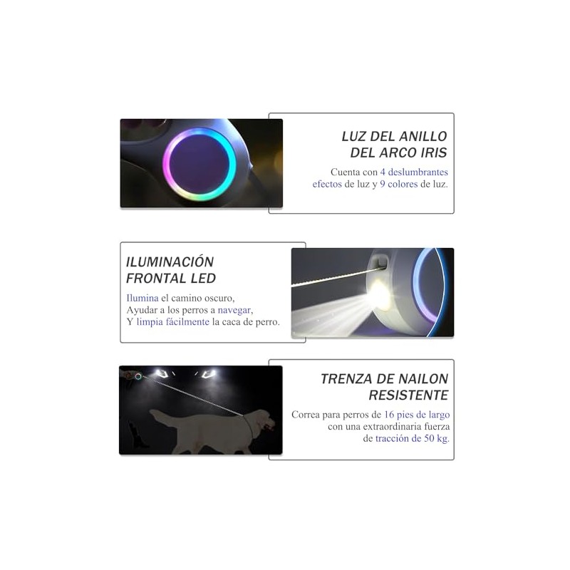 Correa Retráctil para Perro con Luz Led, 6 M Correa