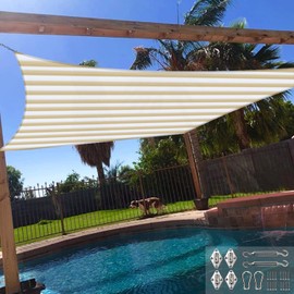 Windscreen4less 12' x 20' Sun Shade Sail Rectangle Outdoor Canopy Cover with Hardware Kit UV Block for Backyard Porch Pergola Deck Garden Patio Pool (Beige White Strip)