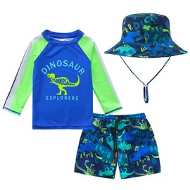 Baby-Boys Toddler Long Sleeved Rashguard Swim Bathing Suit and Sun Hat Set Dinosaur Fossil 3-6 Months