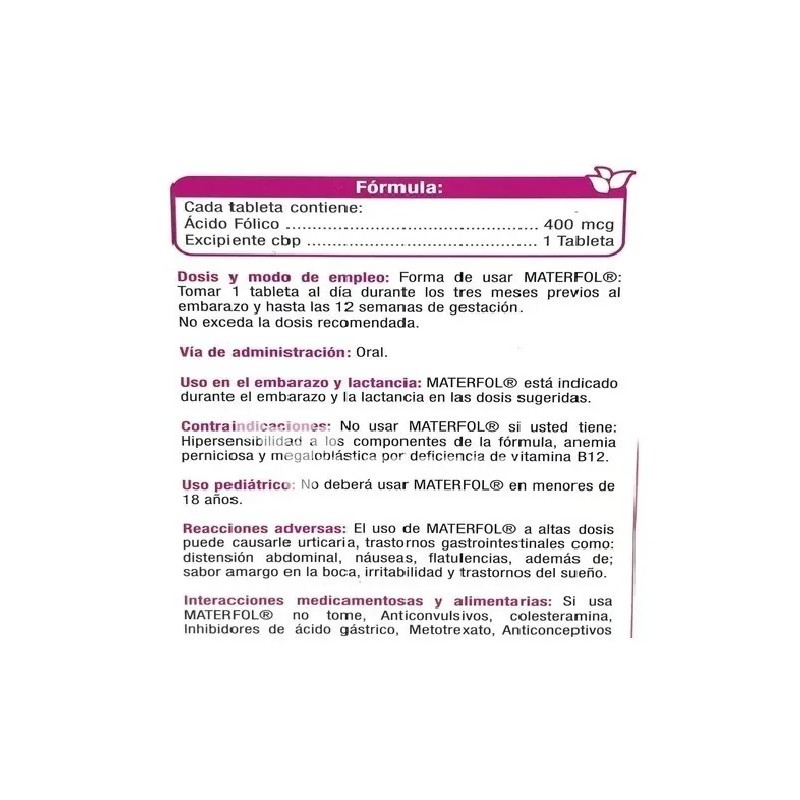 Materfol Ácido Fólico Frasco Tabletas Cmd Sabor