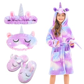 Piefry Girls Soft Unicorn Hooded Bathrobe with Unicorn Slippers, Blindfold and Headband - Gifts for Girls, Purple Stars