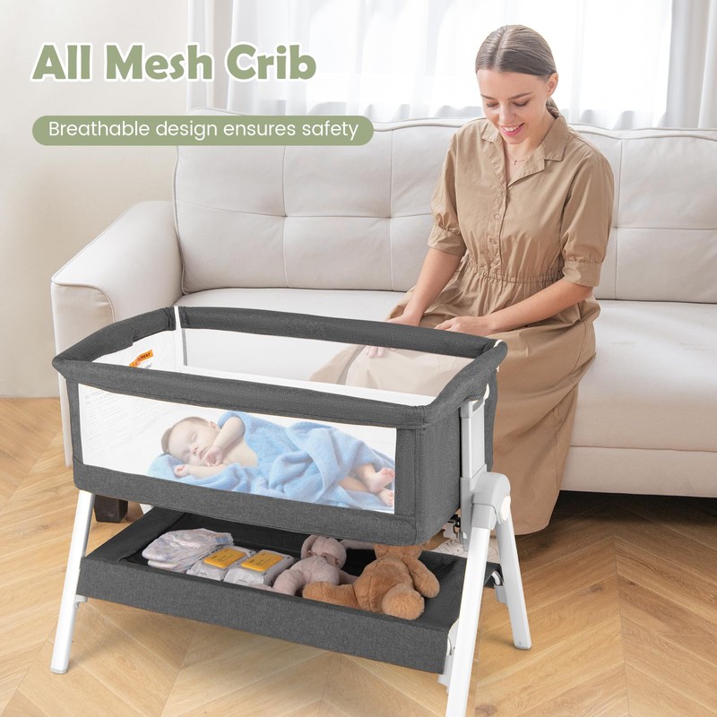 INFANS Baby Bassinet Bedside Crib, Newborn Sleeper w/Large Storage Basket,