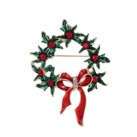 Cute Wreath Bow Red Enamel Green Rhinestones Christmas Ornament Brooch Lapel Pins for Women Girls Cute Ribbon Bowknot Crystal Decoration Brooches Pin for Suit Dress Xmas Festival Party Gifts