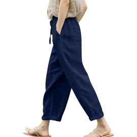 Size 2XL Navy Womens Linen Pants with Pockets High Waist Comfy Navy Gauze Pants for Women Casual Summer Lightweight Loose Embroider Oceanside Trousers Tapered Ninth Pants