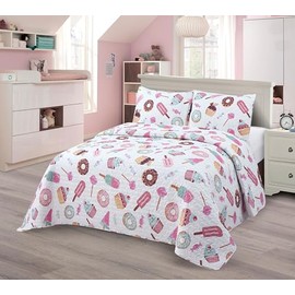 Kidz Zone Collection Bedspread Set Kids/Teens Sweet Treats Kids Bedding Set, White with Pink Donuts and Ice Cream Print Twin New # Donuts