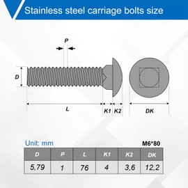 Wavanta 20 Pcs M6 Coach Bolts, M6 x 80mm 304 Stainless Stee Carriage Bolts, with Hexagon Nuts, Washer, Coach Screws, Nut and Bolt Set