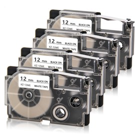 Absonic 4-Pack Compatible for Casio XR-12WE XR-12WE2S Label It Tape Cartridge 12mm Black on White for KL-100 KL-120 KL-60 KL-7000 KL-7200 KL-750B KL-780 EZ Label Printer